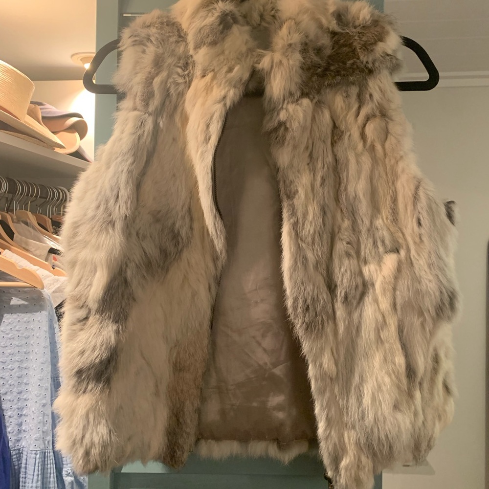 Grey and white rabbit fur gilet